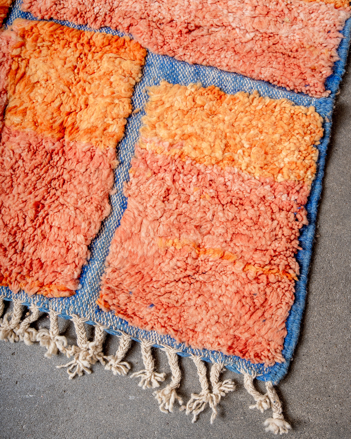 Modern, designer, handcrafted Berber rug from Morocco. Beniourain carpet with beautiful colours and patterns and fluffy wool texture.